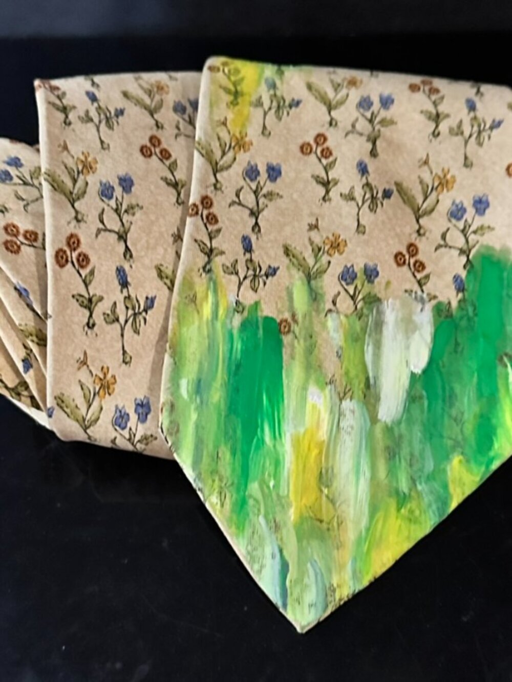 Coach Silk Tie Mens Necktie Hand painted Floral Green flowers Tan Beige